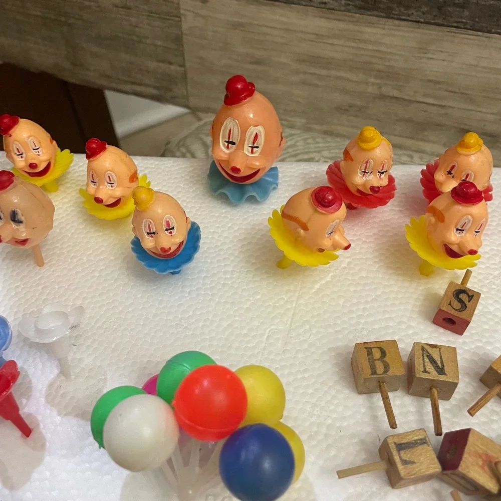 Vintage Cake Decoration Toppers Clowns ABC Blocks Picks Lot Party candle holder